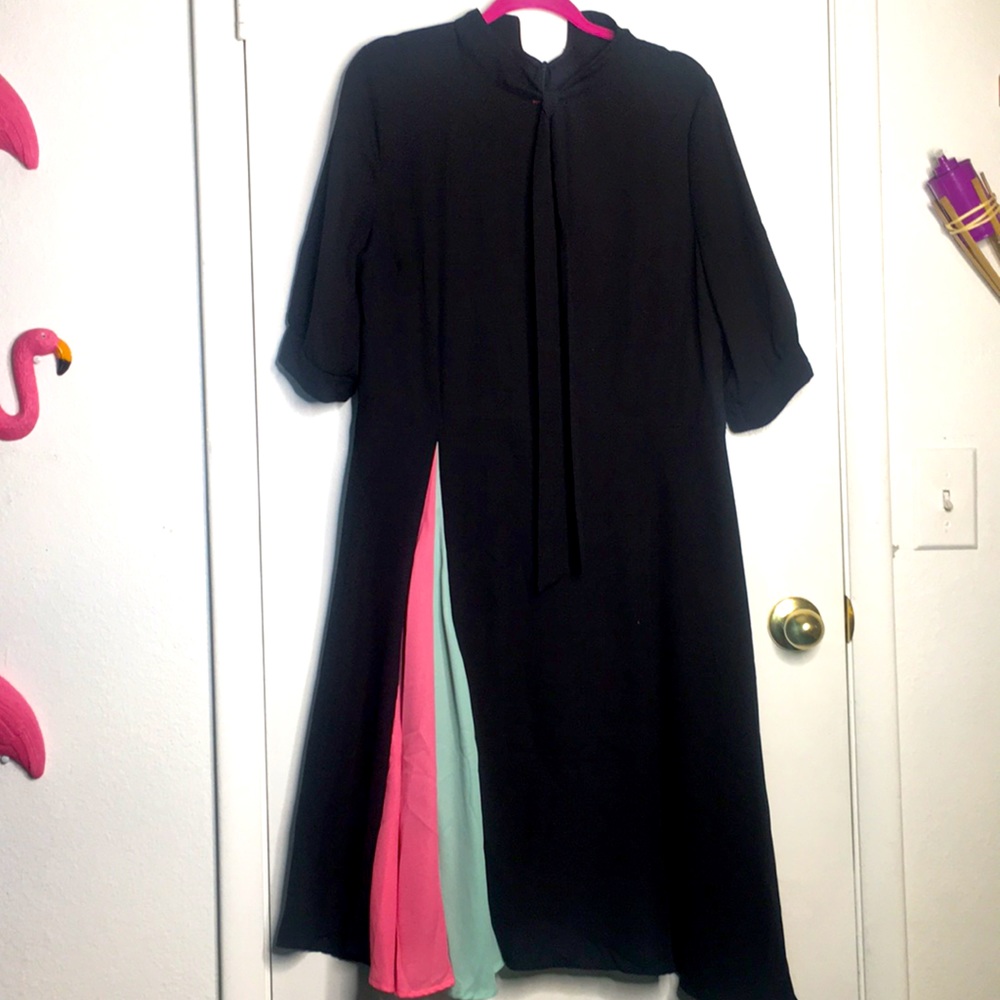 Black chiffon three-quarter sleeve swing dress